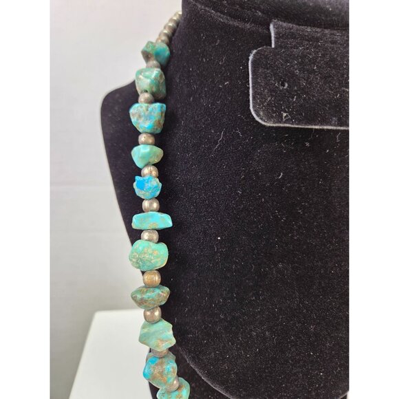 Vintage Turquoise Silver Nugget Beaded Necklace Chunky Rustic Boho Slip On 92gr - Picture 3 of 10